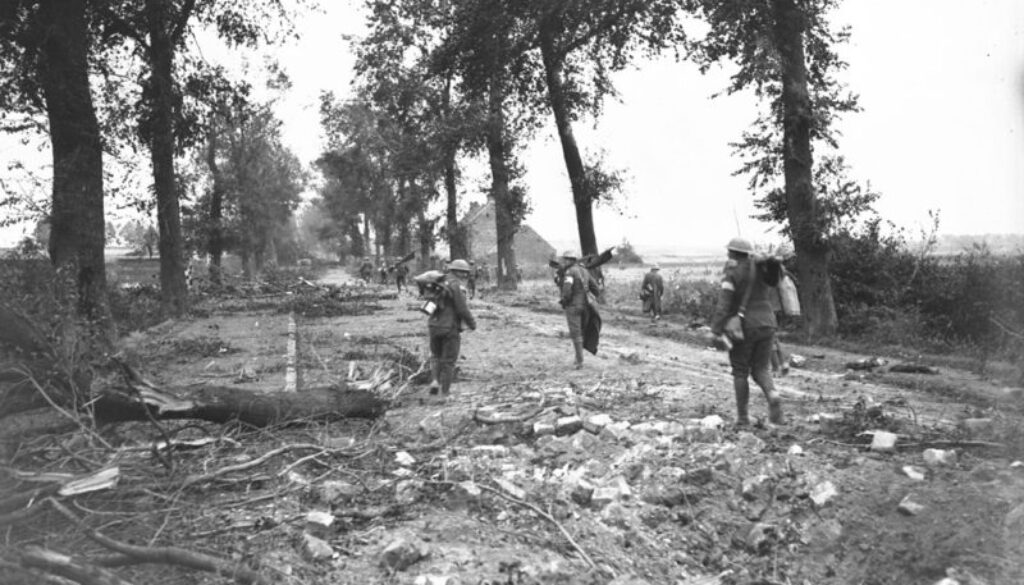 198_Stretcher Bearers going up Arras-Cambrai road. Advance East of Arras. October, 1918.